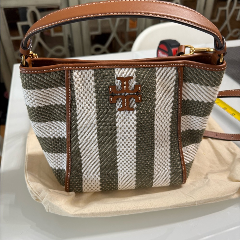 Tory Burch Brown and Green Shoulder Bag with Striped Pattern